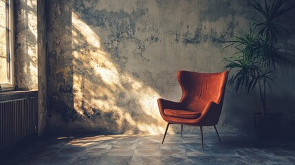 Rustic room with sunlight casting shadows on an armchair
