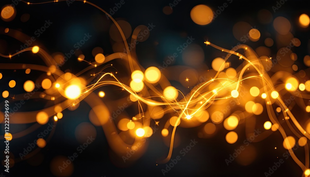 Poster glowing abstract light trails with sparkling orange bokeh on dark background