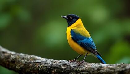 Fototapeta premium Vibrant Yellow Blue Bird Perched Tree Branch Green Background