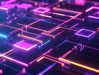 Obraz premium 3D Abstract Shapes with Neon Lights Forming a Grid Pattern in Vibrant Pink and Blue Colors, Futuristic Digital Background with a Tech Aesthetic