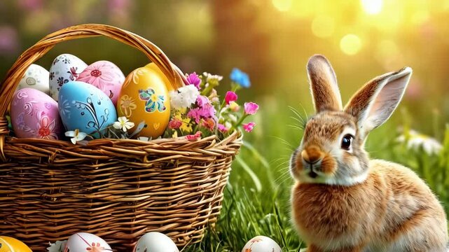 Adorable brown bunny sitting beside wicker basket filled with hand painted easter eggs, nestled in lush green grass, surrounded by delicate spring blooms under bright sunlight