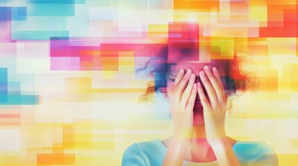 Person struggles with sensory overload from bright, chaotic colors and excessive digital information, brain rot concept