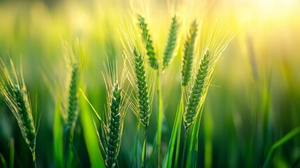 Fototapeta premium Green wheat field under golden sunlight