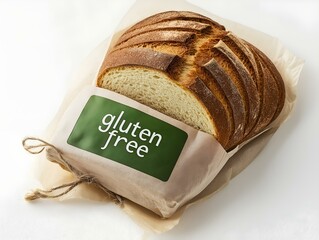 gluten free bread, loaf, green label, rustic style, white background