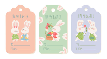 Easter gift tag set with cute bunny couples. Collection of labels with Easter rabbits and flowers. Templates for wrapping gifts, custom cards, and present packaging decor. Flat vector illustration
