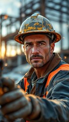 Fototapeta premium Caucasian male construction worker with hard hat in industrial setting