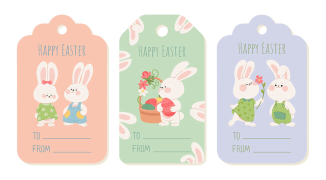 Easter gift tag set with cute bunny couples. Collection of labels with Easter rabbits and flowers. Templates for wrapping gifts, custom cards, and present packaging decor. Flat vector illustration