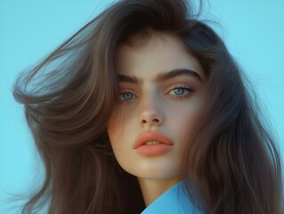 woman long wavy brown hair teal background intense gaze natural makeup