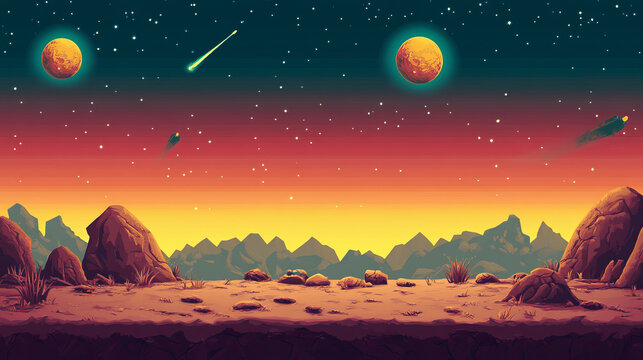 Mobile space game arcade with spaceship parallax background, interstellar shuttle collect assets on alien planet rocky platforms, fantasy 2d ui design, extraterrestrial scene, Cartoon vector landscape