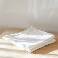 Obraz premium A photograph of an oversized white sleeveless tank top folded neatly and placed on a light wood table