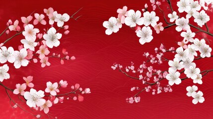 Blossom Branches on Vibrant Red Background for Seasonal Decor