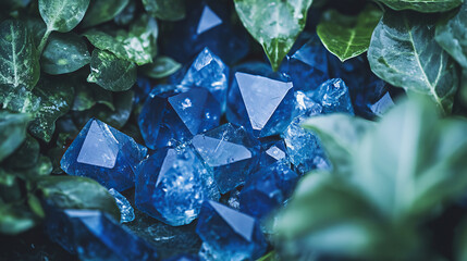 Glossy blue gemstone treasure piles with polygonal facets on green leaves. Different sized crystal clusters growing in sequence from small to large. Game resource collection or magical rewards.