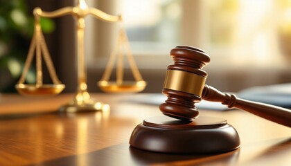 Wooden judge gavel and golden scales of justice on brown table in courtroom. Legal system, law and order concept. Attorney office equipment with space for text