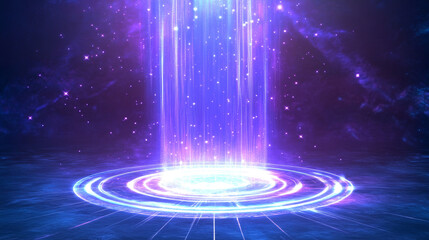 Blue light portal effect with magic neon glow. Tech hologram teleport. Energy ring for game. 3d power vortex pedestal. Abstract luminous futuristic product stage with line swirl and circular sparkle