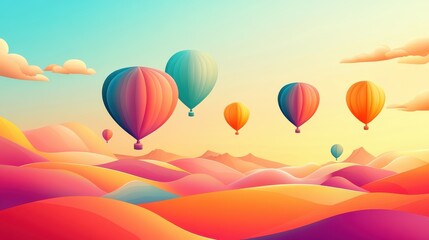 Fototapeta premium Colorful Hot Air Balloons Floating Over Vibrant Rolling Hills Landscape