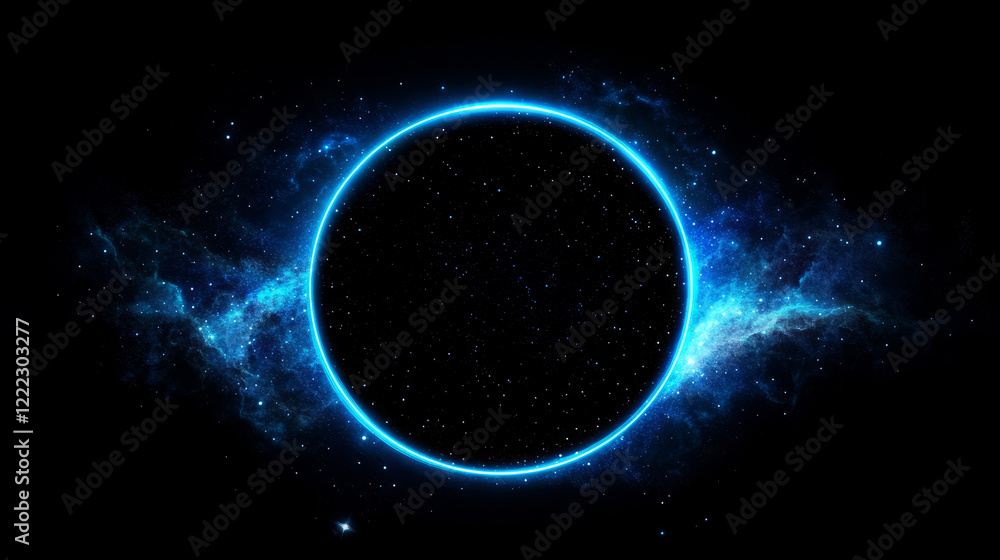 Poster realistic neon blue circular motion in outer space isolated on transparent background. abstract blac