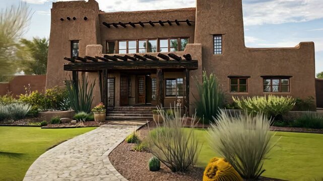Beautiful adobe house with landscaped garden in the afternoon sunlight