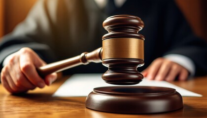 Wooden judge gavel on desk in courtroom. Close up view of justice hammer and legal documents. Law and order concept for website header, trial banner with copy space