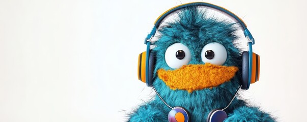 a fuzzy monster with headphones, listening to music, trendy cartoon style, bold colors, isolated