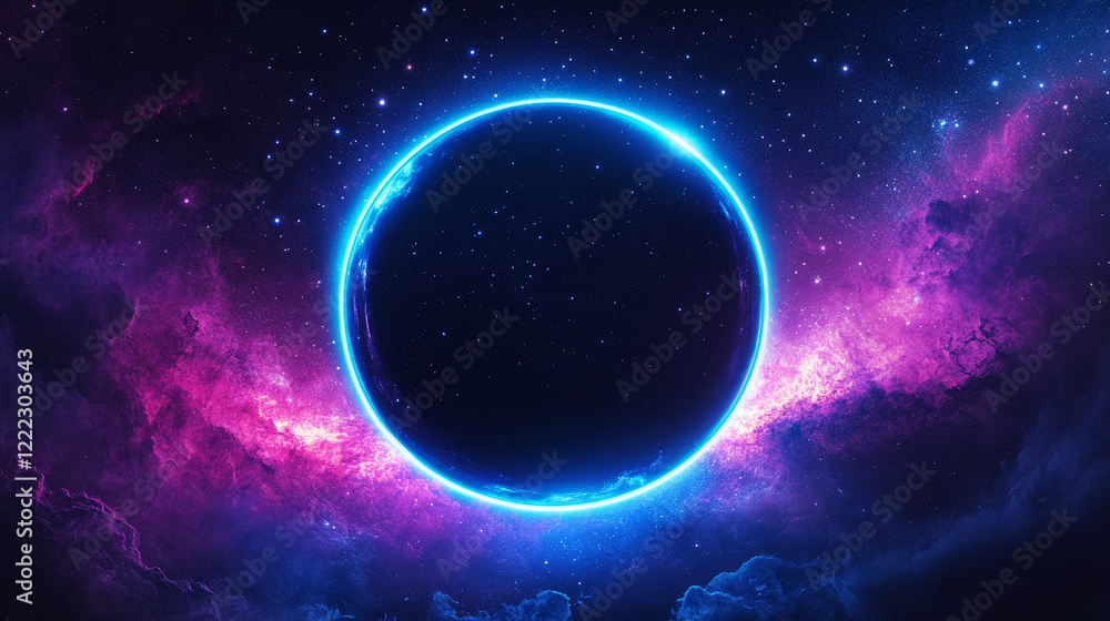 Poster realistic neon blue circular motion in outer space isolated on transparent background. abstract blac