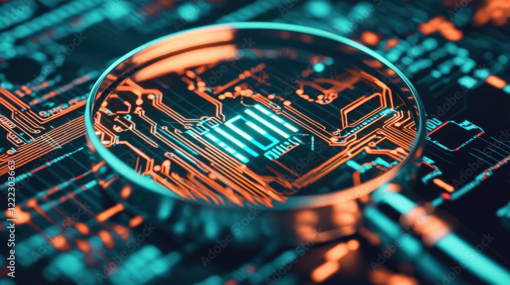 Poster magnifying glass over circuit board revealing intricate electronic patterns and structures with vibr