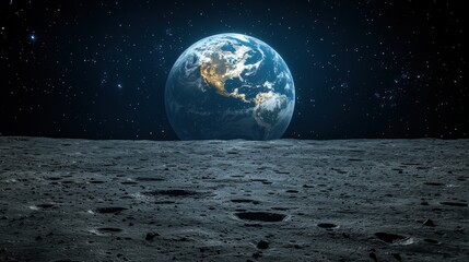 View of earth from the moons surface with stars in the background and dark space surrounding