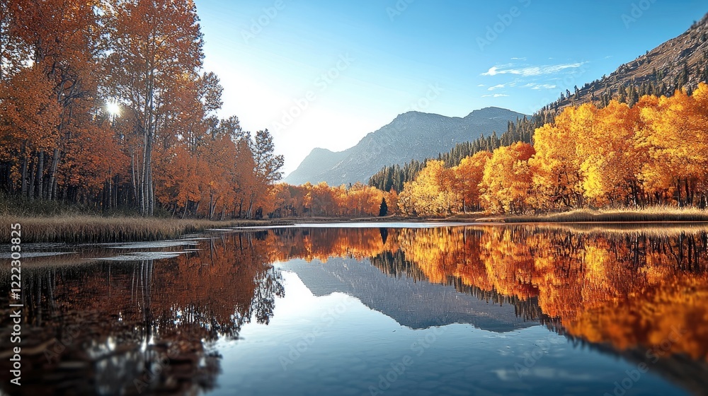 Poster a serene autumn landscape with a reflective lake surrounded by trees with colorful fall foliage.