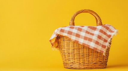 Woven picnic basket with checkered cloth on bright yellow background