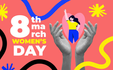 Modern halftone collage for international women's day. March 8 concept. Banner template for International women's day, feminism, protest, gender equality. Vector illustration