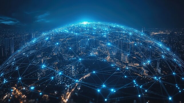 Cityscape at night with digital network connectivity visualization overhead