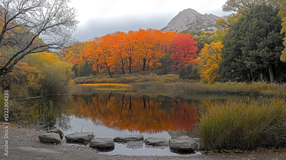 Poster a serene autumn landscape with a reflective lake surrounded by trees with colorful fall foliage.