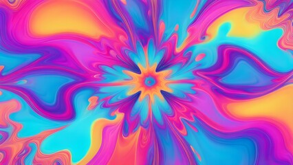 Abstract vibrant colorful swirl pattern, resembling a psychedelic flower, in bright pink, blue, and orange hues.
