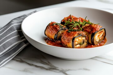 Baked Eggplant Rolls with Feta Cheese and Tomato Sauce