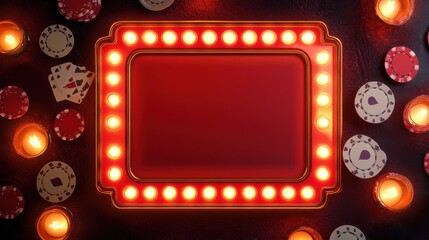 Neon Frame Display Overlaid on Casino Elements and Poker Chips