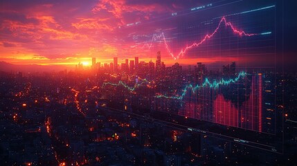 City skyline silhouette against a vibrant sunset with colorful clouds and urban landscape