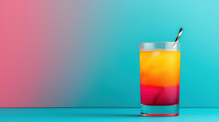 vibrant cocktail with layered colors, featuring orange, yellow, and red hues, served in clear glass with ice and straw, set against gradient background