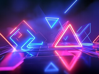 Naklejka premium 3D Abstract Shapes with Neon Lights Forming a Grid Pattern in Vibrant Pink and Blue Colors, Futuristic Digital Background with a Tech Aesthetic