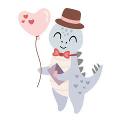 Cute Valentine dinosaur clipart. Valentines day clipart. Valentine dino in cartoon flat style. Hand Draw Vector illustration.	
