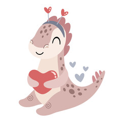 Cute Valentine dinosaur clipart. Valentines day clipart. Valentine dino in cartoon flat style. Hand Draw Vector illustration.	
