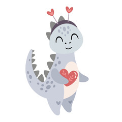 Cute Valentine dinosaur clipart. Valentines day clipart. Valentine dino in cartoon flat style. Hand Draw Vector illustration.	
