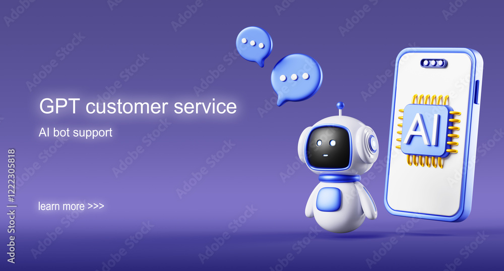 Fototapete GPT customer service 3d banner. Mobile chatbot app with ai chip on screen, robot bot, speech bubble chat. ChatGPT technology online communication, support with artificial intelligence. 3D illustration