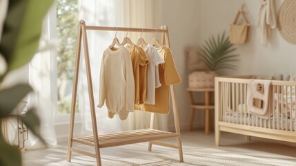 A cozy nursery scene featuring a wooden clothes rack displaying soft garments in pastel colors, with a crib in the background and a serene, bright atmosphere.