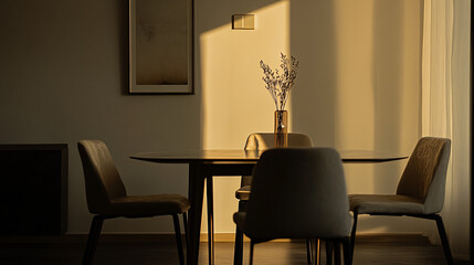 Fototapeta premium modern minimalist dining room interior with sunbeams and dried flowers