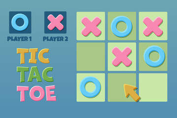 TIC TAC TOE UI with arow cursor. Board logic game for your game development UI. Vector strategy game noughts and crosses,