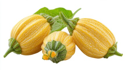 Fresh Yellow Squash with Decorative Stripes and Green Leaves