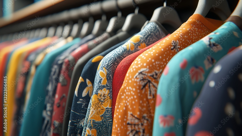 Poster a colorful array of patterned shirts hanging neatly on hangers, showcasing various floral and abstra