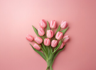 Fototapeta premium A bouquet of pale pink tulips arranged on a pink background. The image is simple, elegant, and evokes feelings of spring and romance.