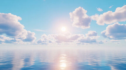 Fototapeta premium Anime cloud in blue heaven sky vector background. Summer abstract cloudy air design with gradient and sun light with reflection. Beautiful calm morning game outdoor panorama with sunshine painting.