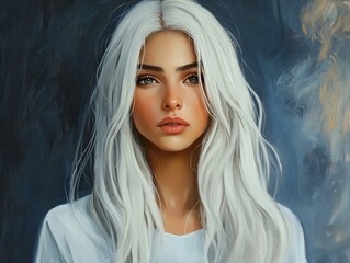 Naklejka premium serene woman with long platinum blonde hair against a blue and grey background