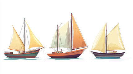 Obraz premium Floating sailboat with wooden deck, wind in masts and lamp. Cartoon vector illustration set of different size ships for cruise travel, fishing and sailing voyage. Marine transport and vessel.